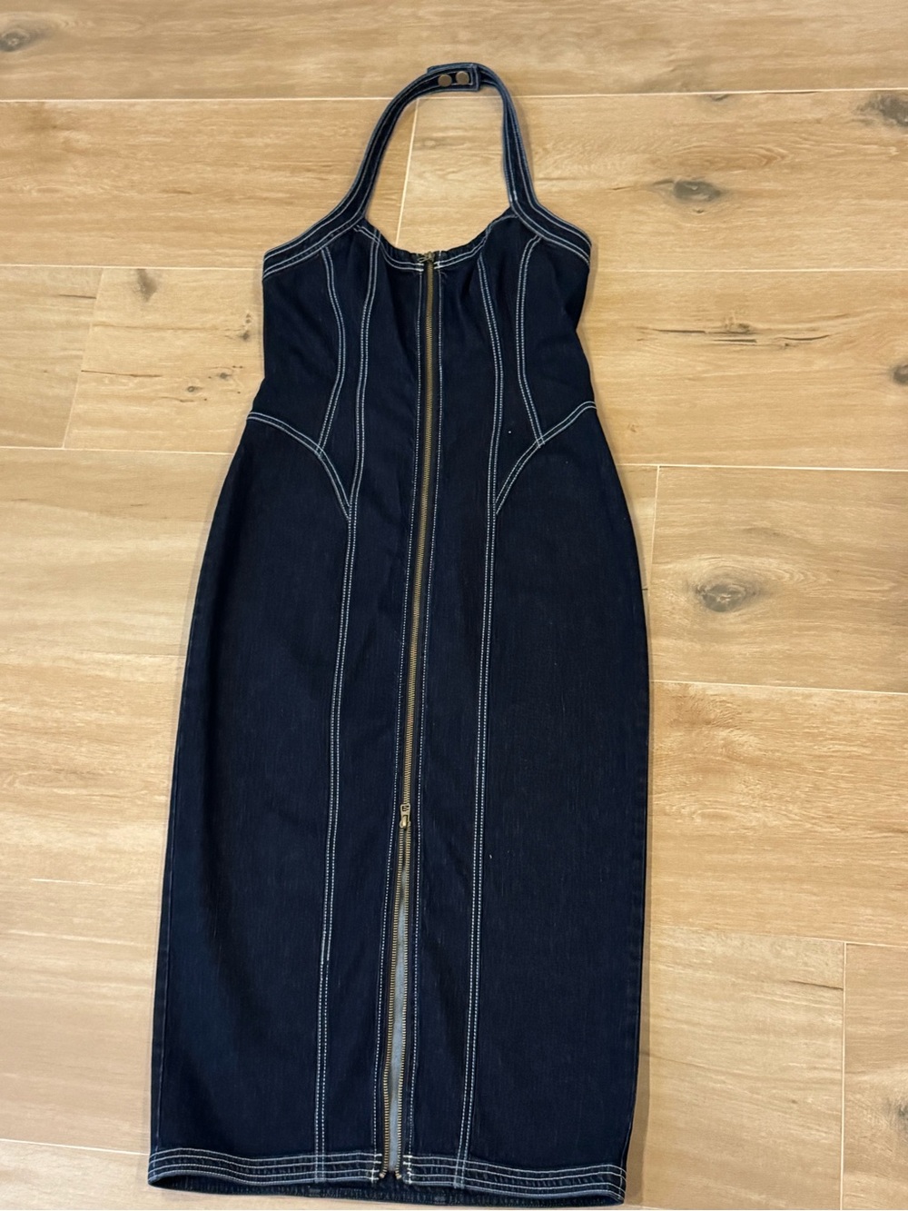 Anthropologie Navy Denim Zip-Front Midi Dress